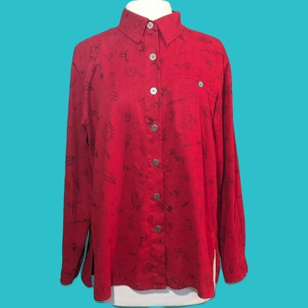 Chico's Vintage Hieroglyphic Ultra Suede Blouse Size 2 (L) Preowned
